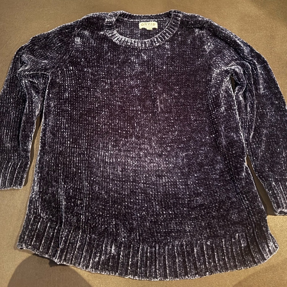Orvis Velvet Chenille Crewneck Sweater Navy Preppy Dark Academia